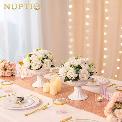 NUPTIO 10 Pieces White Fake Flower Ball Arrangement Bouquet 15 Heads Plastic Roses with Base, Suitable for Wedding Centerpiece Flower Rack for Parties Home Décor