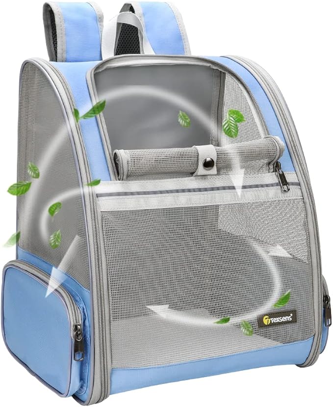 Texsens Pet Backpack Carrier for Small Cats Dogs | Ventilated Design, Safety Straps, Buckle Support, Collapsible | Designed for Travel, Hiking & Outdoor Use (Blue)-Mewly Pet