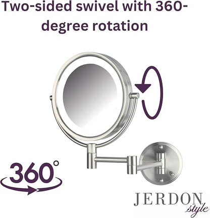 JERDON Wall-Mounted Makeup Mirror with Lights - Direct-Wired Lighted Makeup Mirror with 8X Magnification & Nickel Finish - Model HL88NLD