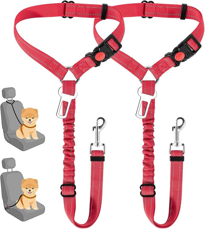 SlowTon Dog Seat Belt for Car, 2 Pack Dog Car Harness Seatbelt Adjustable with Elastic Bungee Buffer, 2 in 1 Pet Car Leash Headrest Restraint Dog Reflective Safety Tether (S, Red, Headrest+Clip)-Mewly Pet