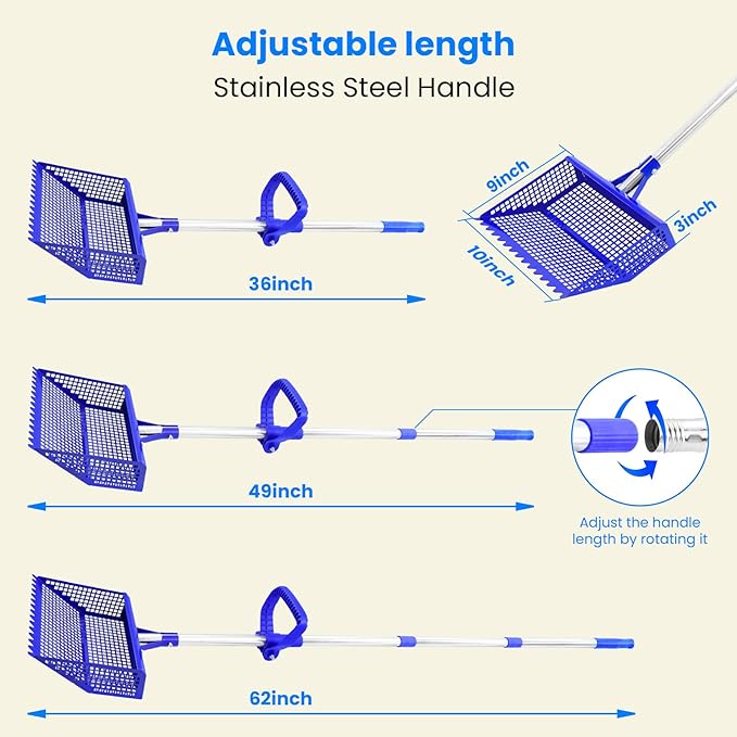 Chicken Poop Scooper Rake 2-in-1, Metal Shovel Head Chicken Coop Accessories, Adjustable 304 Stainless Steel Handle, Litter Scooper Sand Sifting for Chicken Coops Small Farm Animals(36" to 62")-Mewly Pet