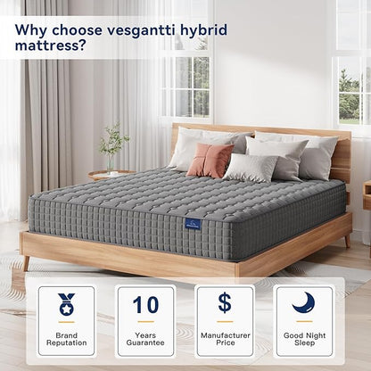 Vesgantti 8 Inch Multilayer Hybrid Twin Mattress - Multiple Sizes & Styles Available, Ergonomic Design with Memory Foam and Pocket Spring, Medium Firm Feel, Grey