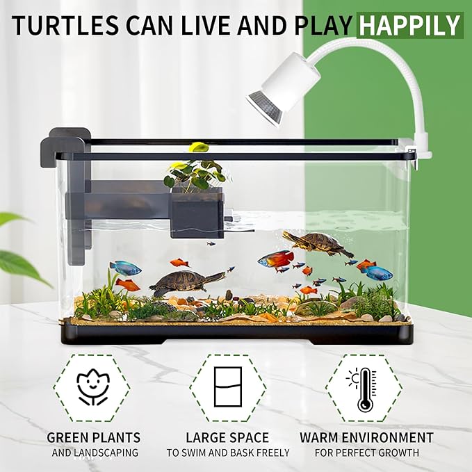 (Tank + Light + Filter Balls) Turtle Tank Kit, Turtle Tank Starter Kit,Bottom Drainage, Multi-Function Areas for Turtles, Crabs,Fishes, Amphibians,Reptiles. (11.81 × 7.88 × 7.88 Inch)-Mewly Pet