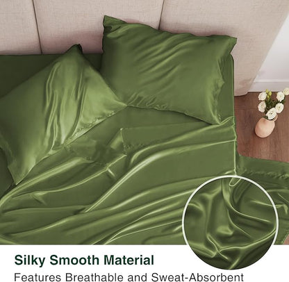 Love's cabin Full Size Satin Sheet Sets - 4 Piece Sage Silky Satin Sheet Set Full with Deep Pocket, Luxury Silk Feel Satin Bed Sheets Full Bedding Set (1 Flat Sheet,1 Fitted Sheet,2 Pillow Cases)