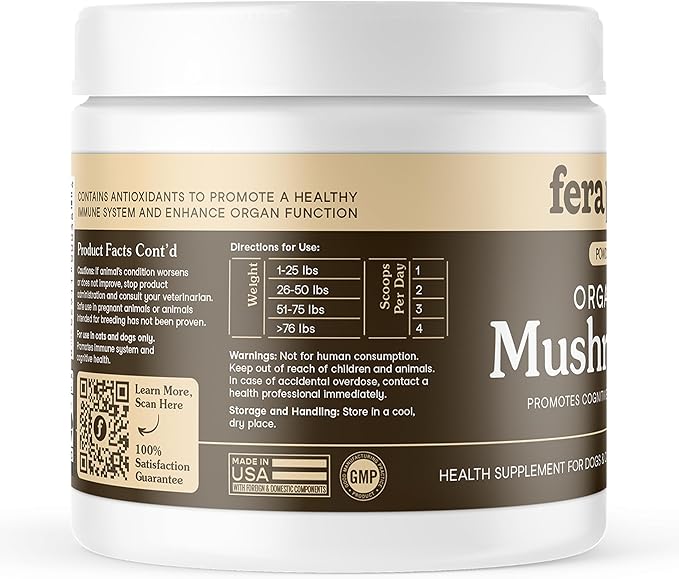 Fera Pets Mushroom Supplement for Dogs & Cats with Turkey Tail - USDA Organic - Cognitive and Immune Support - Enhances Liver Function - Supports a Healthy Gut - Powder - 120 Scoops-Mewly Pet