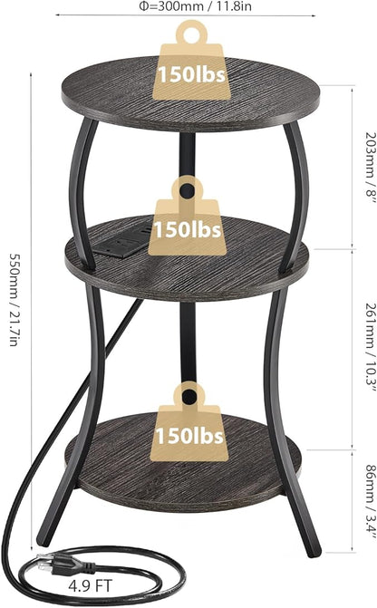 Small Round Side Table with Charging Station, 3-Tier Waist Circular End Table with Storage Shelf, Compact Tea Sofa Side Table Small Spaces, Round Corner Coffee Table for Living Room Bedroon,Grey