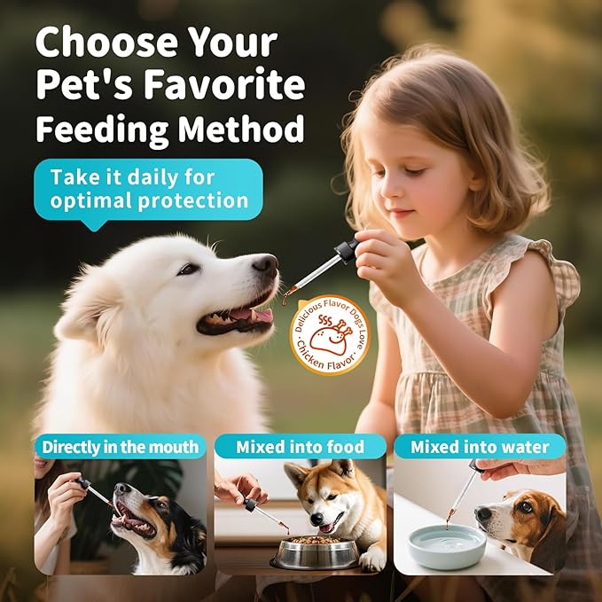 Dog Flea and Tick Support, Natural Herbal Flea & Tick Comfort for Dogs, Flea Liquid Drops Supplement for Dogs with Neem, Oregano, Pumpkin Seed Oil - Chicken Flavor, 2 FL.Oz - All Breeds & Sizes-Mewly Pet