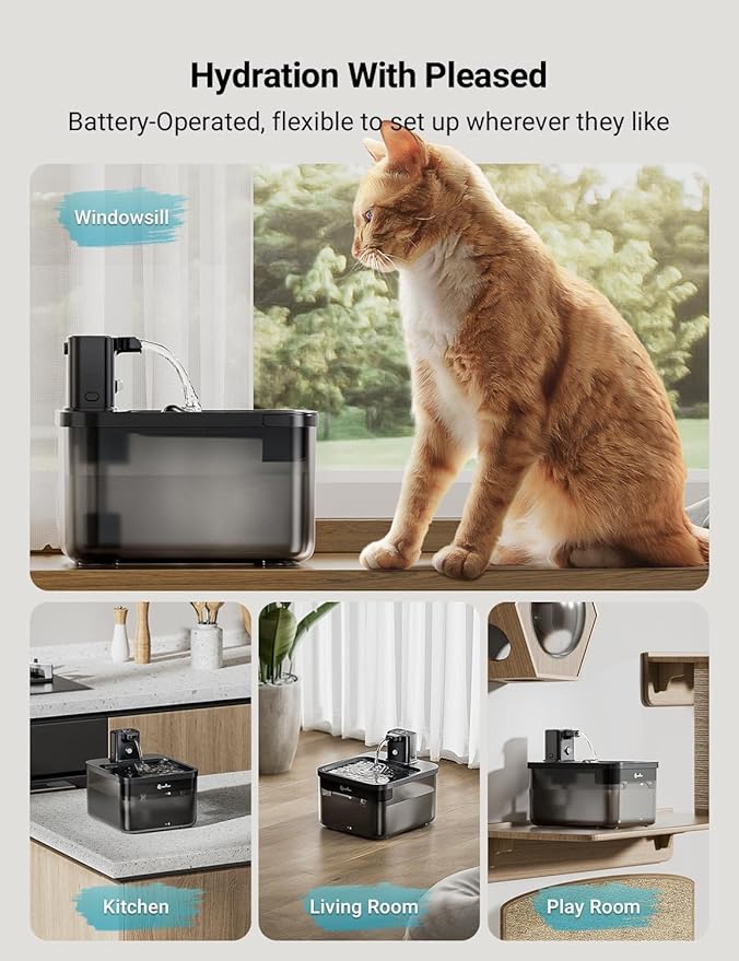DownyPaws Cat Water Fountain Cordless, 84oz/2.5L Fursink Wireless Pet Water Fountains for Cats Indoor, Battery Operated Cat Drinking Fountain with Motion Sensor, Ultra Quiet Pump, BPA-Free, Black-Mewly Pet