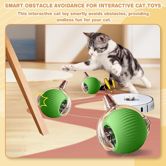 Interactive Cat Toys for Indoor Cats, Rechargeable 360° Automatic Moving Cat Toy for Bored Indoor Adult Cats, 2025 Upgraded Chase Motion Activated Kitten Toys - Green-Mewly Pet