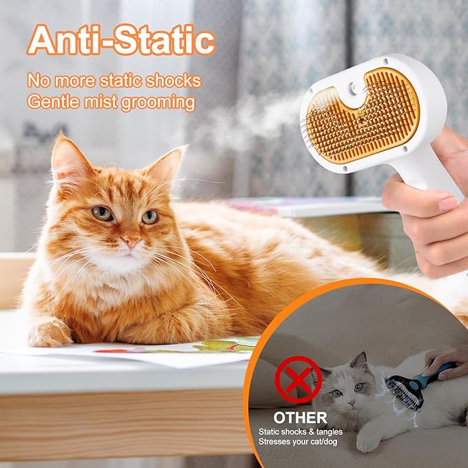 Cat Steam Brush, Pet Steam Brush for Cat & Dog, Mist Spray Comb, Spritz Defur Tool, Water Grooming Kit, Dog Hair Removal Steam Cleaner with Release Button-Contains 2*shampoo-Mewly Pet