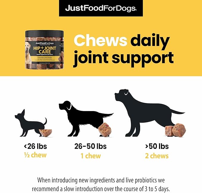 JustFoodForDogs Hip + Joint Soft Chews Mobility Supplement for Dogs with Glucosamine and Chondroitin, Superfood Blend, Human Grade, Plant-Based - 45 Count-Mewly Pet