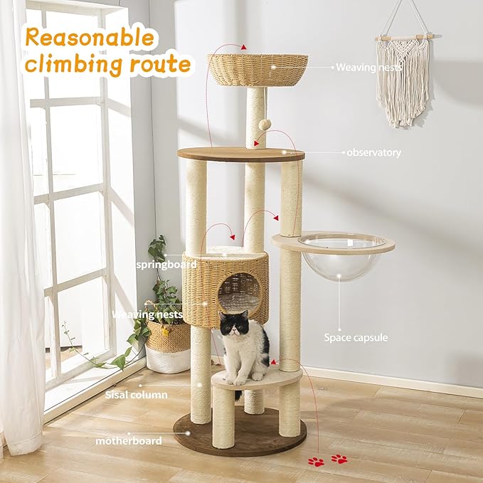 2025 Modern Cat Tree Tower for Large Cats, Advanced Space Module Cat's Nest, Hand Woven Multilevel Huge Paws Pals Tree, 7cm Natural Sisal Prop Wood, Scratching Cat Lover Gifts-Mewly Pet