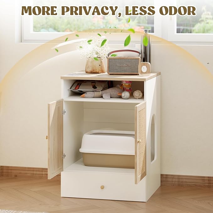 Cat Litter Box Enclosure Furniture Hidden - Indoor 3-in-1 Wooden Cat House & Washroom Cabinet with Scratching Board Doors, Shelf and Feeder Bowls, 23.6”x17.7”x32.7”H-Mewly Pet