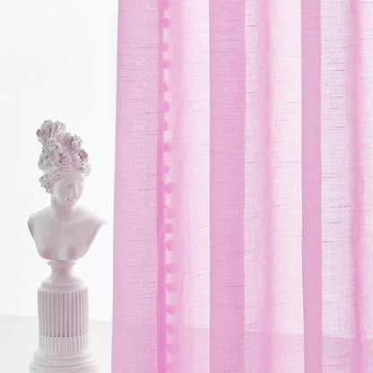 Treatmentex Pom-Pom Pink Sheer Curtains for Girl's Room 95 inches Linen Textured Look Red Sheer Window Draperies for Bedroom Living Room, 52" w x 2 Panels, Rod Pocket