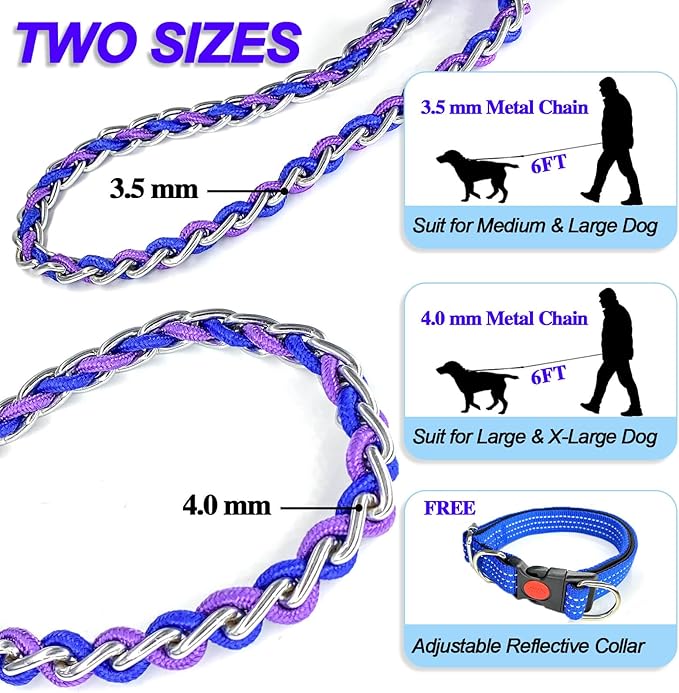 Dog Leash Rope Chain, Nylon Rope Metal Chain for Pet Leads. 6ft Heavy Duty Chew Proof Training Walking for Medium Large Dogs. (Medium, Blue&Purple)