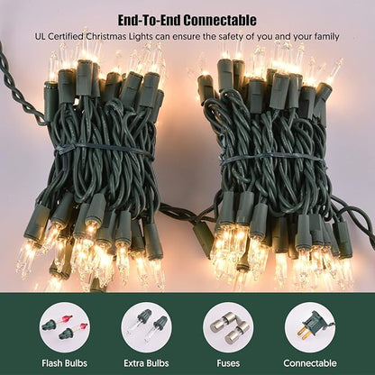 Christmas Lights Clear White 2 Pack Total 200 Count Incandescent Lights UL Certified Connectable Christmas Tree Lights with Green Wires for Indoor Outdoor Xmas, Wedding, Holiday, Home Decorations