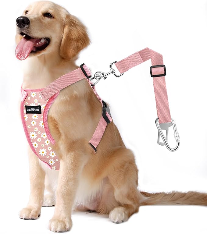 Dog Seat Belt, Safety Vest Dog Car Harness with Adjustable Buckle Dog Seat Belt for Vehicle Nylon Pet Safety Seat Belts Heavy Duty(XL, Pink Daisy)-Mewly Pet