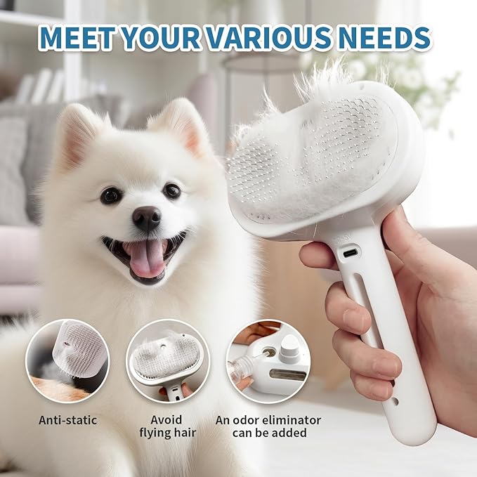 3 In 1 Self Cleaning Steamy Pet Brush - Anti-Static, Grooming Tool for Long and Short Hair Pets, Removes Loose Hair and Reduces Shedding, White-Mewly Pet