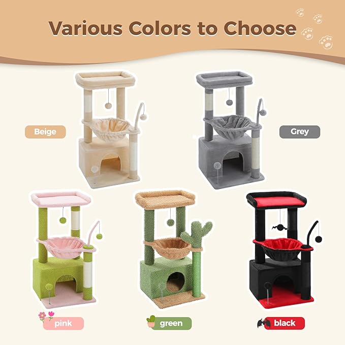 PEQULTI 4-in-1 Cat Tree, 33'' Cat Tower for Indoor Cats with Large Cat Condo, Scratching Post for Cats with Deep Hammock& Cozy Top Perch, Beige-Mewly Pet