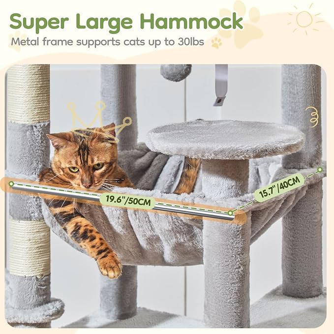 Taoqimiao 72 Inches Cat Tree for Large Cats, Multi-Level Tall Cat Tower, Widened Cat Condo with Large Scratch Board, 5 Scratching Posts, Metal Hammcock, Cozy Basket, Light Gray, MS045W-Mewly Pet
