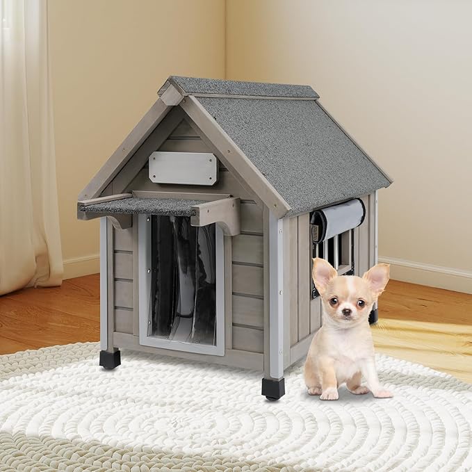 Outdoor Dog House Weatherproof Large Wooden Dog Kennel Indoor for Small Dogs with Chew-Proof Frame, Oxford Fabric Window, Removable Floor Pet Shelter (Grey, 18.1" D x 25.2" W x 24" H)-Mewly Pet