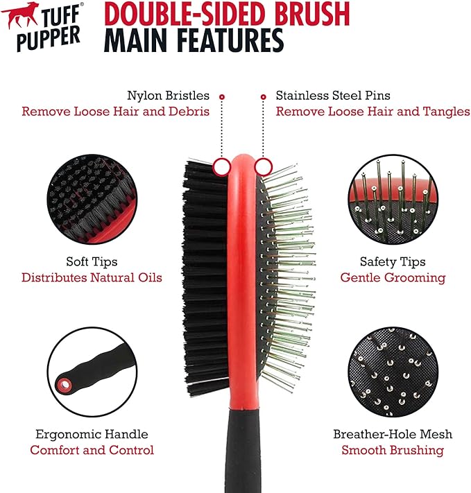 Tuff Pupper Double Sided Dog Brush, Detangling Tool for Dogs and Cats, Pin & Bristle Pet Brush, for and Hair Types, With Comfort-Grip Anti-Slip Handle, Brown, Black, White-Mewly Pet