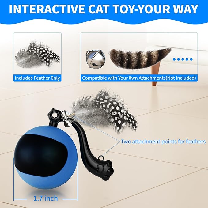 Interactive Cat Toy Ball with Remote Control, Automatic Moving & Rolling Cat Feather Toy, USB Rechargeable, Motion Activated Remote Control Cat Toy for Indoor Cats (Blue)-Mewly Pet