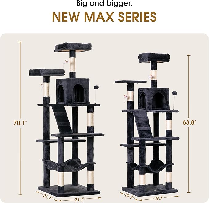 MWPO 70.1-Inch Large Cat Tree, Multi-Level Tall Cat Tower for Indoor Cats, Plush Cat Condo with Big Padded Perches, Sisal-Covered Scratching Posts, Hammock, Toys for Kittens & Cats - Smoky Grey-Mewly Pet