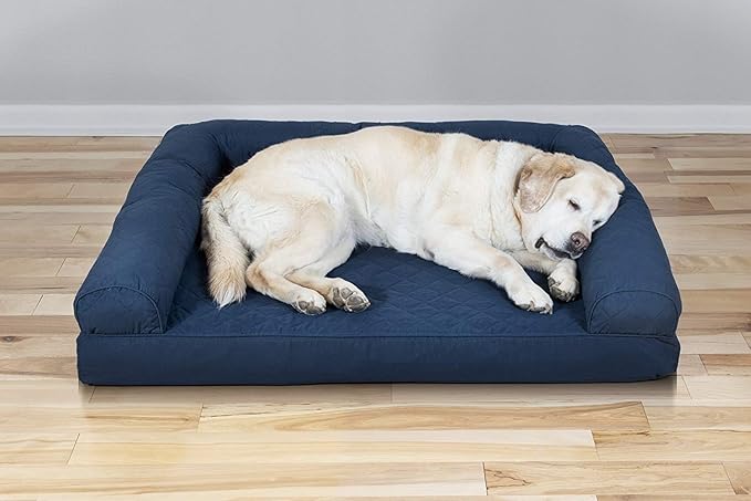 Furhaven Cooling Gel Dog Bed for Large Dogs w/ Removable Bolsters & Washable Cover, For Dogs Up to 95 lbs - Quilted Sofa - Navy (Blue), Jumbo/XL-Mewly Pet