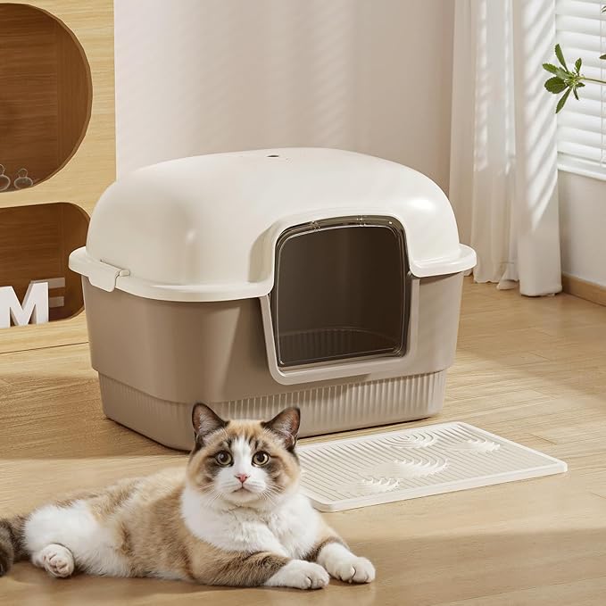 Cat Litter Box with Litter Mat and Scoop,High Wall Enclosed Cat Litter Boxes for Anti-Leakage, Covered Kitty Litter Box with Handle and Buckles for Portability and Privacy, Odor Control (Brown)-Mewly Pet