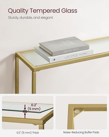VASAGLE Entryway Table, Console Table, Tempered Glass Tabletop, Modern Sofa Table, Easy Assembly, with Adjustable Feet, for Living Room, Entryway, Pale Gold and Transparent ULGT132A01
