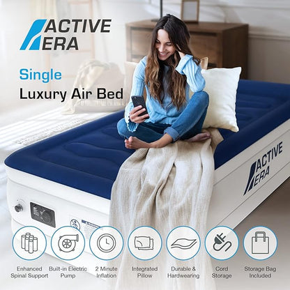 Active Era 21" Twin Air Mattress with Built-in Pump & Raised Pillow - Heavy Duty Puncture Resistant, Waterproof Blow Up Bed