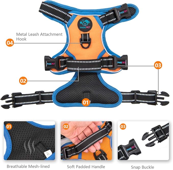 PHOEPET 2019 No Pull Dog Harness Medium Reflective Front Clip Vest with Handle,Adjustable 2 Metal Rings 3 Buckles,[Easy to Put on & Take Off](M, Orange)-Mewly Pet