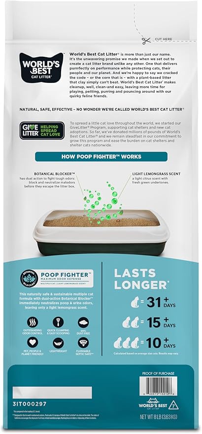 WORLD'S BEST CAT LITTER Poop Fighter Maximum Odor Defense, 8-Pounds - Natural Ingredients, Quick Clumping, Flushable, 99% Dust Free & Made in USA - Long-Lasting Odor Control & Easy Scooping-Mewly Pet