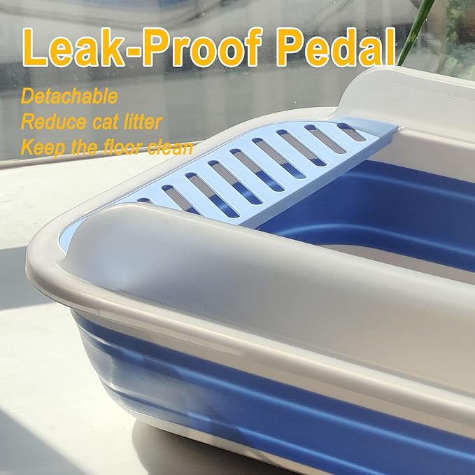 Open Cat Litter Box with High Side, Anti-Splashing Kitty Litter Pan Collapsible Travel Litter Potty Pan Scoop Leak-Proof Pedal Cat Toilet No Smell Easy Clean (M Blue High Side)-Mewly Pet