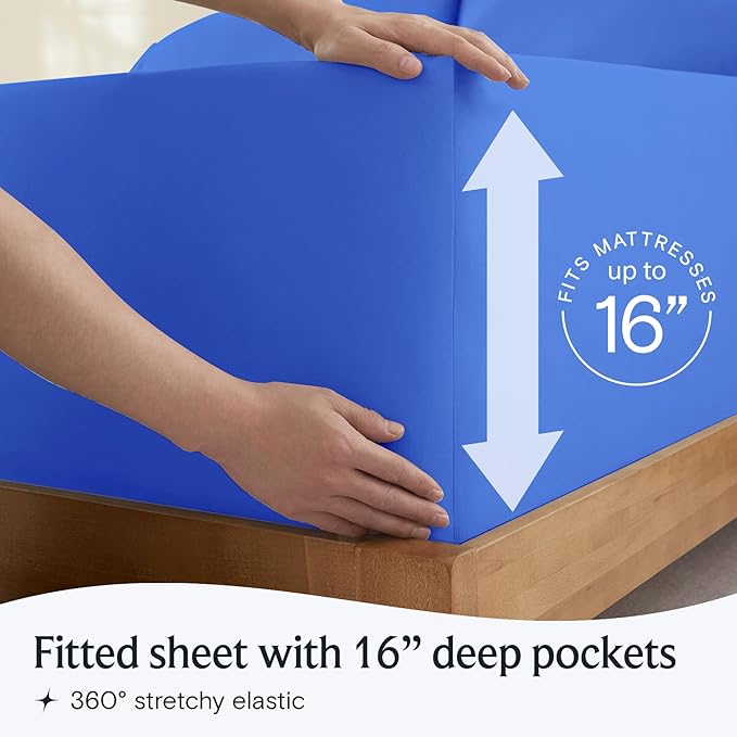 LuxClub 4 PC Sheet Set Bed Sheets Deep Pockets 16" Eco Friendly Wrinkle Free Cooling Machine Washable Hotel Bedding Silky Soft - Marine Blue Queen