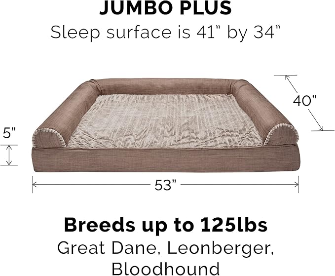 Furhaven Cooling Gel Dog Bed for Large Dogs w/ Removable Bolsters & Washable Cover, For Dogs Up to 125 lbs - Luxe Faux Fur & Performance Linen Sofa - Woodsmoke, Jumbo Plus/XXL-Mewly Pet