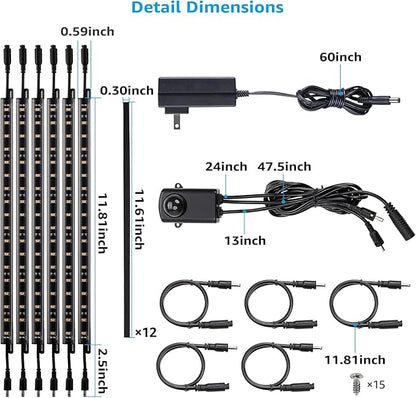 TORCHSTAR LED Safe Lighting Kit, (6) 12 Inch Linkable Light Bars + Motion Sensor + UL Power Adapter, 900LM, Input 100-240V, for Under Cabinet Gun Safe Locker Closet Showcase, 3000K Warm White
