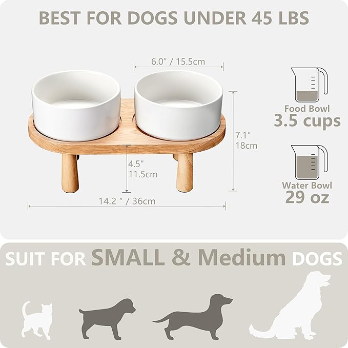 Ceramic Elevated Dog Bowls, Pet Food and Water Bowl Set for Medium and Small Dogs, 3.5 Cups Dog Bowls Raised with Wood Stand, 29OZ, White-Mewly Pet