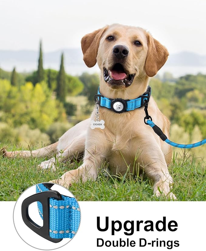 TagME Airtag Dog Collar,Waterproof Reflective Pet Collar with Airtag Holder,Soft Padded and Double D-Rings for Large Dogs,Light Blue-Mewly Pet