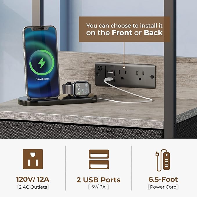 Seventable Nightstand with Charging Station, Bedside Table with LED Lights, Night Stand with 2 Fabric Drawers, 3-Tier Storage End Table for Bedroom, Greige