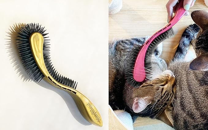 (Gold) Designed for Comfort,Created for Results. This innovative brush features multi-contour bristles that gently adapt to your cats body providing a stress-free brushing experience.-Mewly Pet