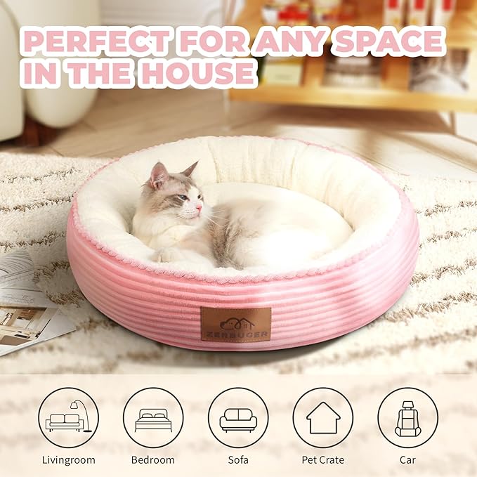 23in Pink Round Cat Dog Bed for Large Medium Small Dogs Cats, Machine Washable Sleeping Sofa, Non-Slip Bottom Breathable Soft Calming Pet Cuddler for Indoor/Outdoor/Car/Cage-Mewly Pet