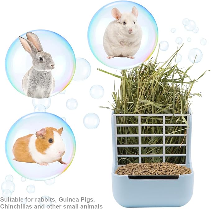 Litewoo Rabbit Hay Feeder Guinea Pig Feeder, 2 in 1 Automatic Small Animal Food Bowl Feeding Cage Accessories (Blue)-Mewly Pet