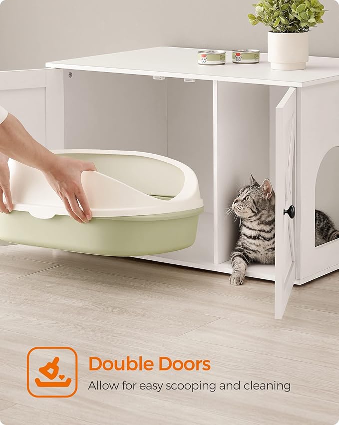Feandrea Cat Litter Box Enclosure, Litter Box Furniture Hidden with Removable Divider, Indoor Cat House, End Table, 31.5 x 20.9 x 19.7 Inches, White UPCL002W01-Mewly Pet