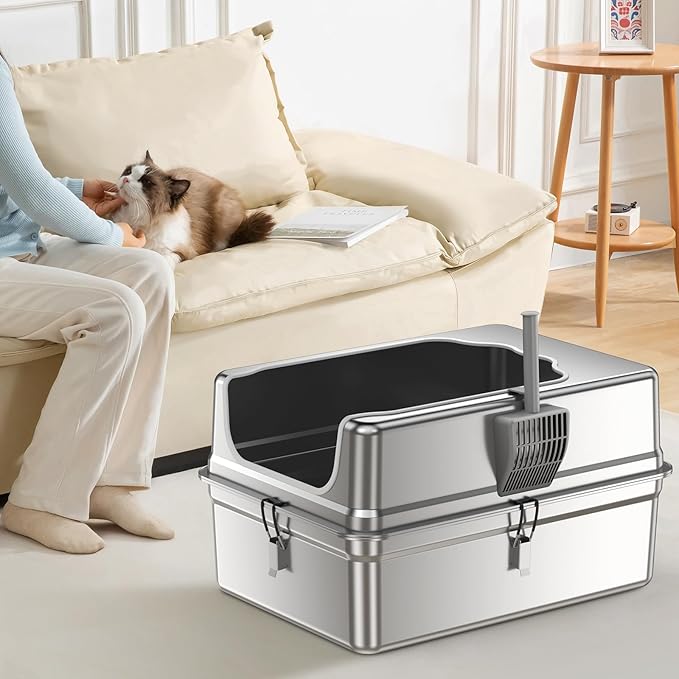 All-Metal 28" Extra Large Stainless Steel Cat Litter Boxes with Lid Metal Cat Litterbox Pan for Big Cats and Multiple Cats, Anti-Leakage, Easy Cleaning, Include Scoop-Mewly Pet