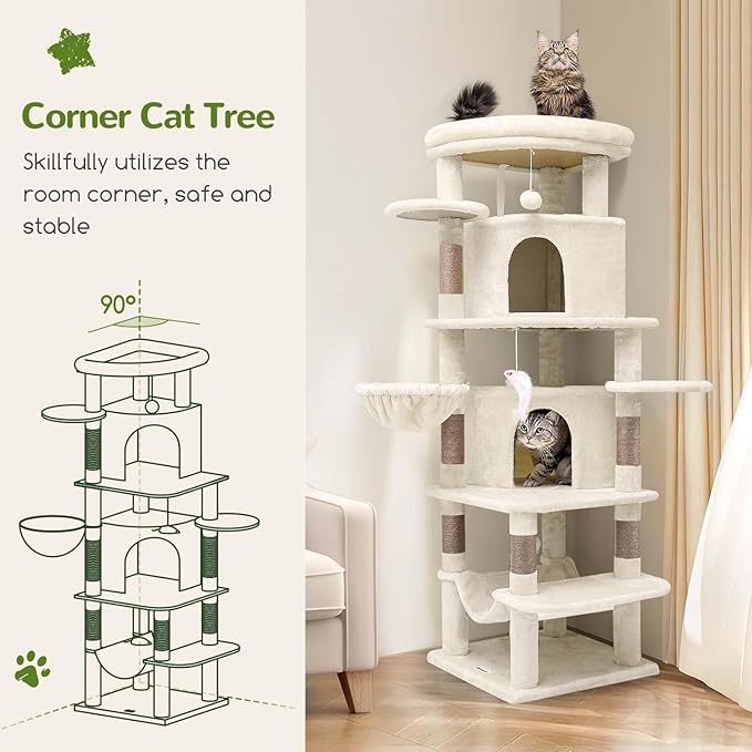 Globlazer Corner Cat Tree Tower for Large Cat, 66inch Tall Large Cat Tree Condo for Multiple Indoor Cats with 6 Scratching Posts, 2 Spacious Cat Condos, Soft Hammock, Hanging Basket, C66, Light Beige-Mewly Pet