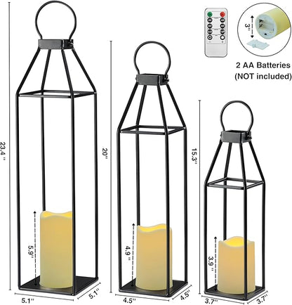 Perfnique Set of 3 Black Metal Lanterns w/ Waterproof Flickering Flameless Candle & Remote Timer, Modern Farmhouse Lanterns Decorative for Outdoor, Front Porch, Indoor, Patio, Garden, Fireplace