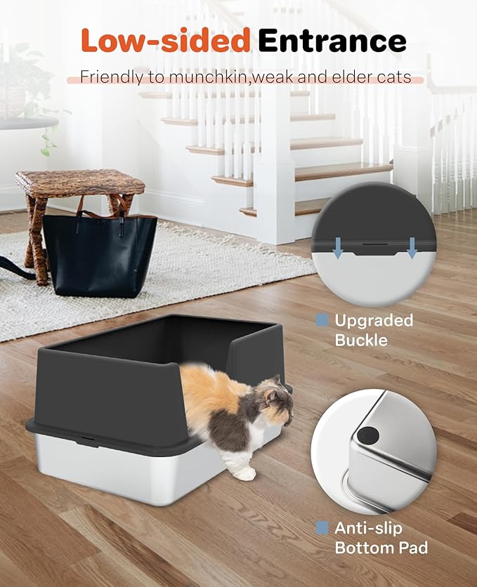 Stainless Steel Litter Box with Lid, 23.5" L x 15.8" W x 12.6" H, XL Metal Cat Box for Big Cats, High Sided Kitty Litter Box with Scoop & Pee Pads, Non-Sticky, Anti-Leakage, Easy to Clean (Black)-Mewly Pet