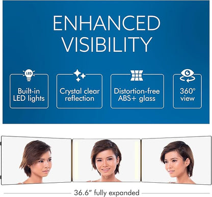 3-Way Mirror with LED Lights for Self Hair Cutting – Adjustable, Portable, 360-Degree View